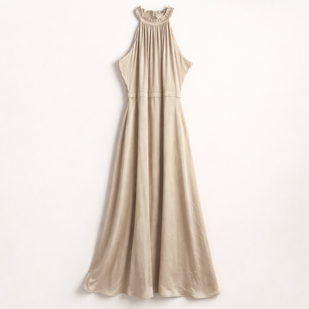 NWT Elie Tahari | Ruffled Halter Maxi Dress Soft Beige Champagne Size 12 - Picture 2 of 9